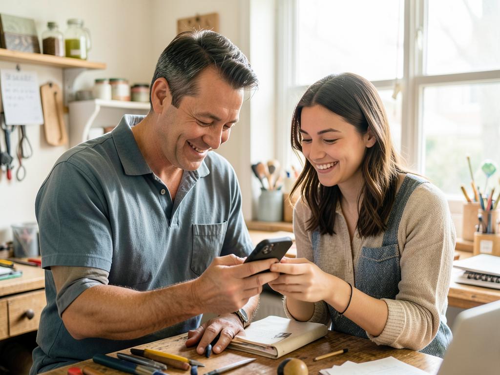 Two people looking at a phone together in a small workshop