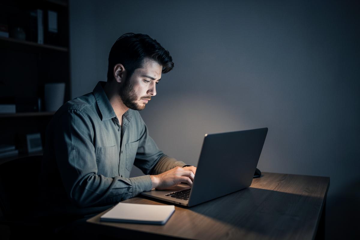 A lone business owner at night, staring at an empty laptop screen with no visitors