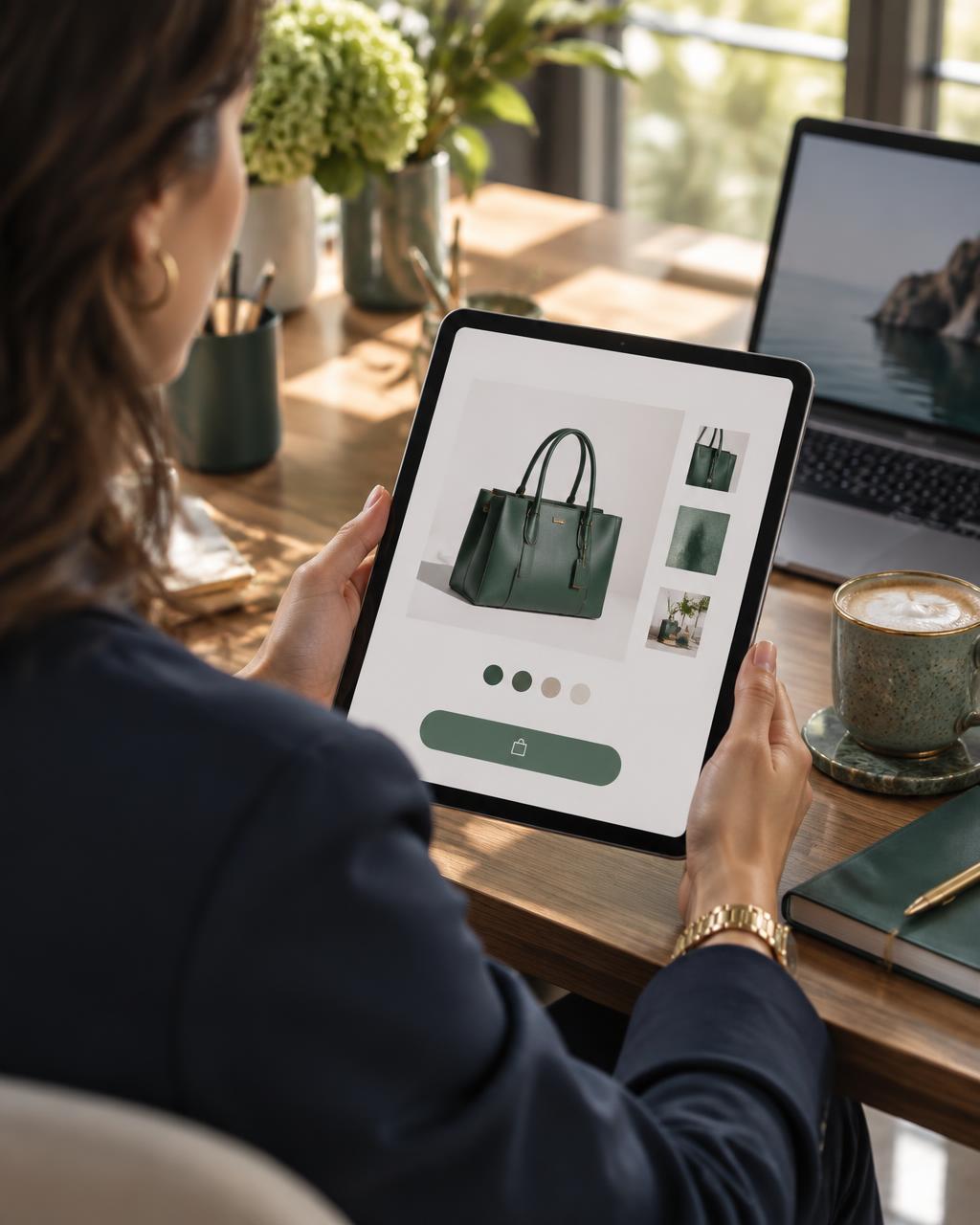 A creator reviewing her ready-to-sell digital product storefront on a tablet