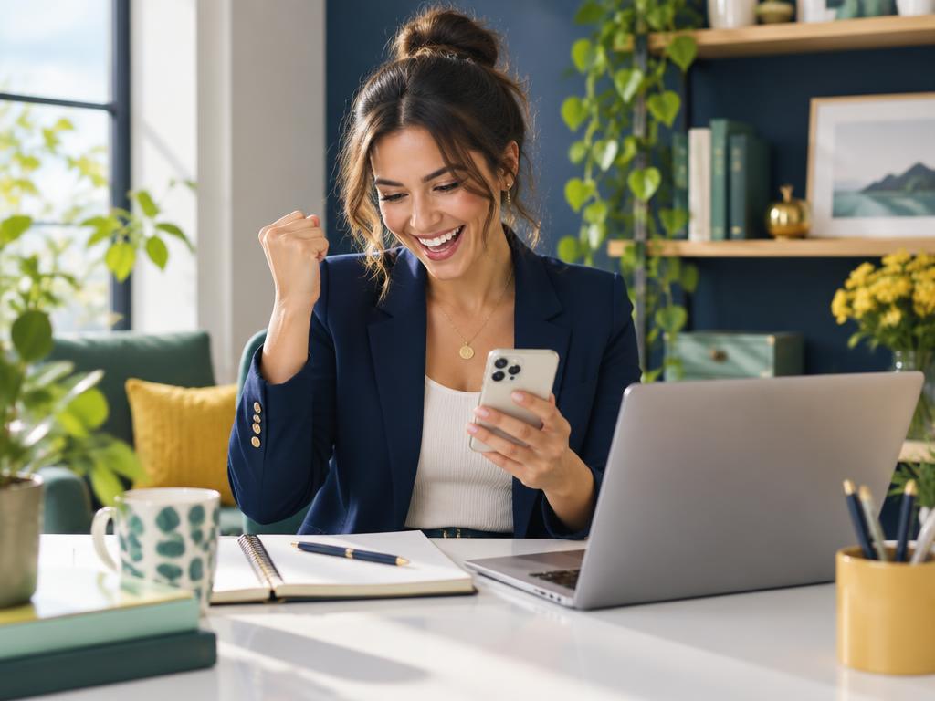 A happy creator celebrating new buyers on her phone