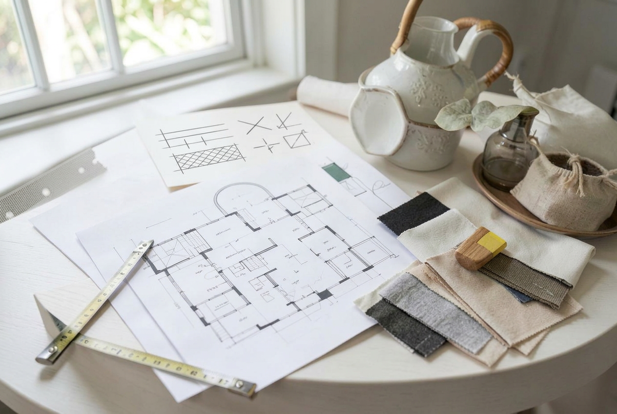 Home staging plans, materials and fabric samples